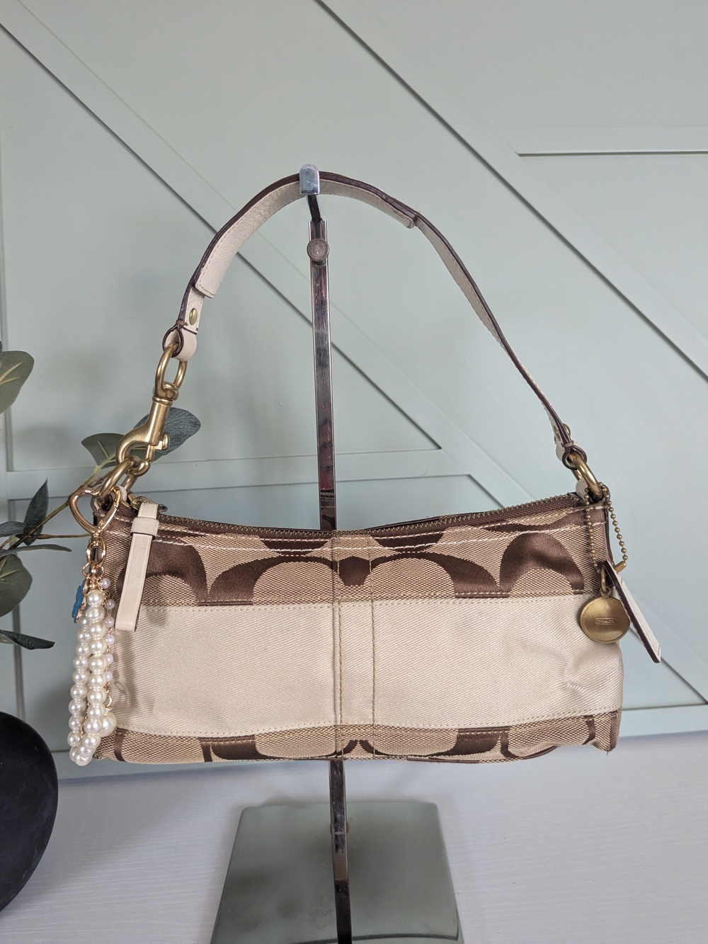 Coach Beige and Brown Signature Logo Shoulder Bag